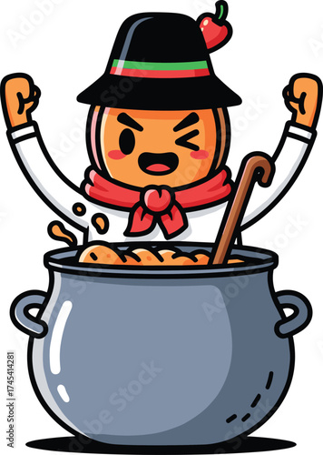 Cute cartoon character cooking goulash in a pot