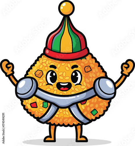 Cute Arancini Character Wearing Sicilian Hat and Armor