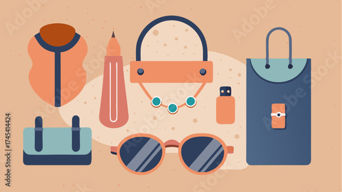 A flat lay arrangement of various accessory items including sunglasses a handbag and jewelry set against a textured surface to emphasize luxury.