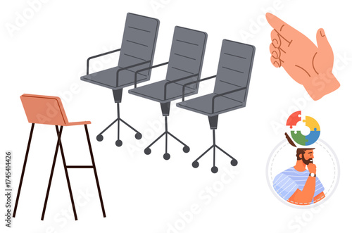 Office chairs lined up, barstool, hand gesture pointing, mans head with puzzle icons. Ideal for teamwork, decision-making, brainstorming, collaboration, problem-solving office dynamics creativity