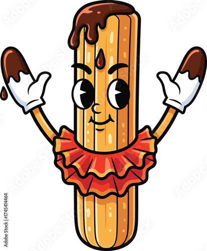 Cartoon Churro Character with Chocolate and Flamenco Collar