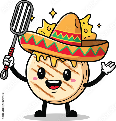 Happy Arepa Character with Sombrero Grilling Cheese