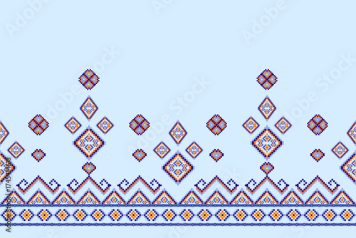 Ikat ethnic abstract geometric embroidery knitting element seamless on yellow background pattern. Native decorative design for fabric, fashion, texture, wallpaper, border, line, lace, decoration