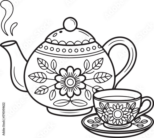 Teapot and cup set on white porcelain for tea or coffee