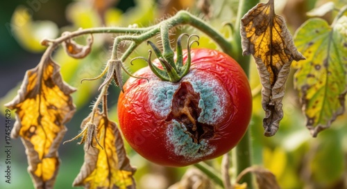Close up of a rotting tomato on the vine with mold and decaying leaves in the garden