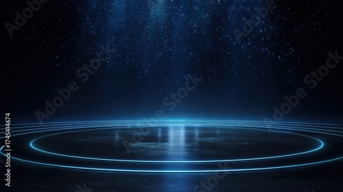 Abstract celestial stage with concentric circles, starry sky,