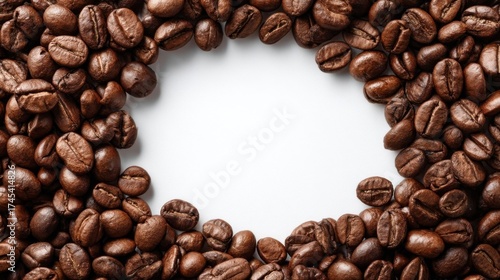 Dark brown coffee beans arranged symmetrically on white background forming a void,