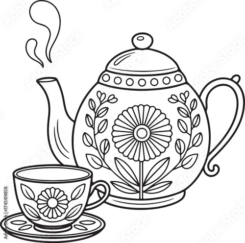 Teapot with cups and teacup on white porcelain set for tea or coffee