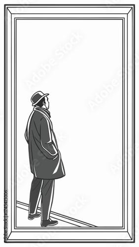 Man in coat and hat looks up framed illustration for concepts of aspiration and opportunity