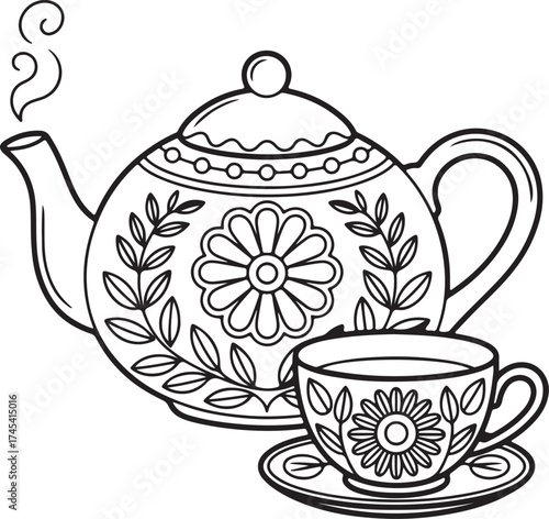 Teapot and cups set on white porcelain for tea or coffee