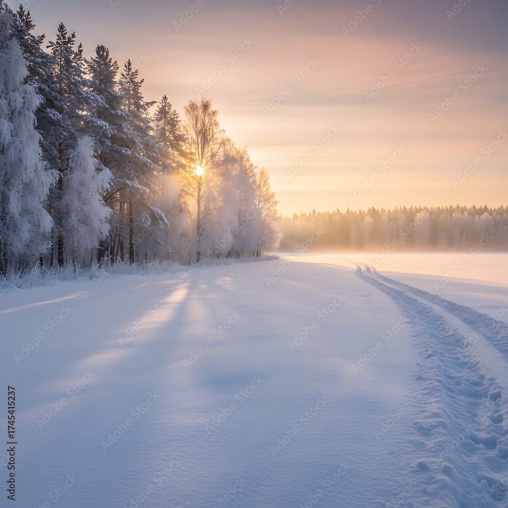 Fototapeta premium Mesmerizing Winter Sunrise Over a Snowy Forest