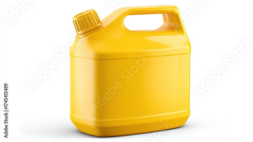 A bright yellow plastic container designed for storing liquids, featuring a sturdy handle and a secure lid.