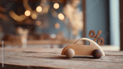 A wooden toy car rests on a rustic surface with sale spelled in blocks behind it,