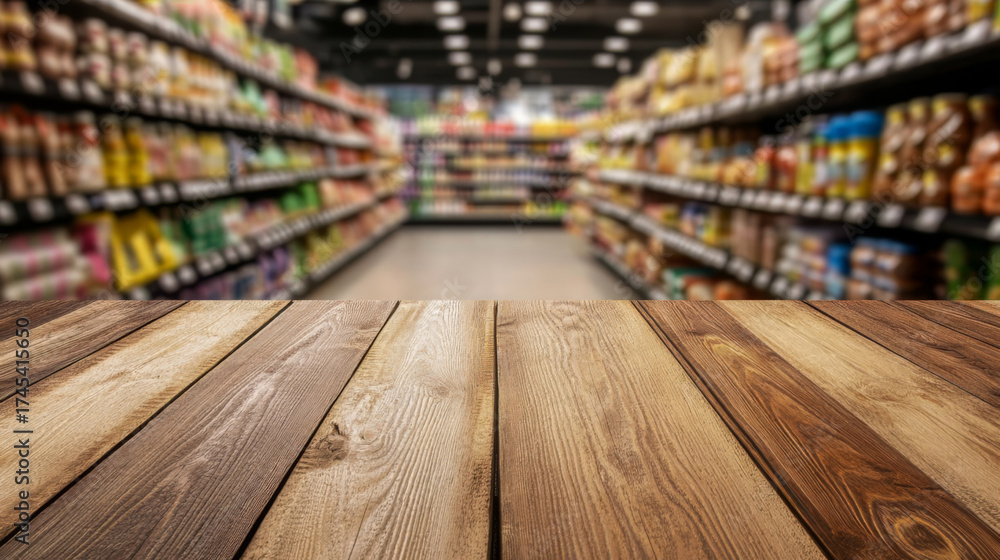 Fototapeta premium Wooden Tabletop in Front of a Supermarket Aisle