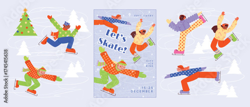 Diverse people skating on ice rink among fir trees with poster Lets Skate. Fun outdoor winter activity, festive Christmas mood and snow. Vector illustration for holiday card, banner, poster