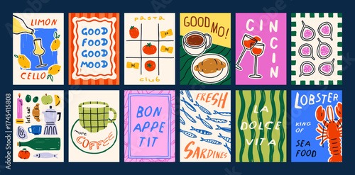 Food posters set. Eating and drinking, kitchen and restaurant cards. Wine bar, coffee for breakfast, Italian cuisine, seafood and pasta. Modern doodle postcard designs. Flat vector illustrations.