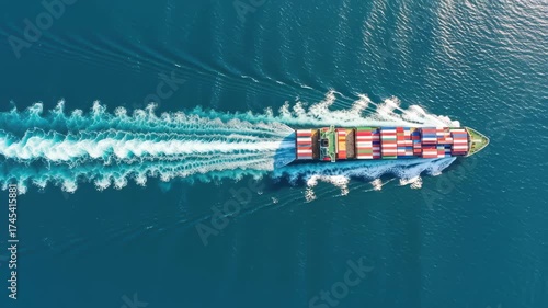 Aerial top down of container cargo ship carrying containers sailing in open sea, concept of modern logistics, import export, shipping or transportation ai generated vedio