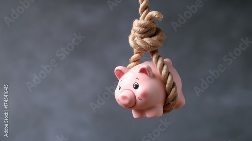 A piggy bank figure with its head trapped under a thick rope loop above it, set against a blurred grayish brown surface.