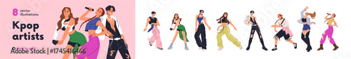 Trendy kpop dancers and singers set. Korean pop culture. Young male and female k-pop idols performance, dance. Modern popular Korea music stars. Flat vector illustrations isolated on white background.