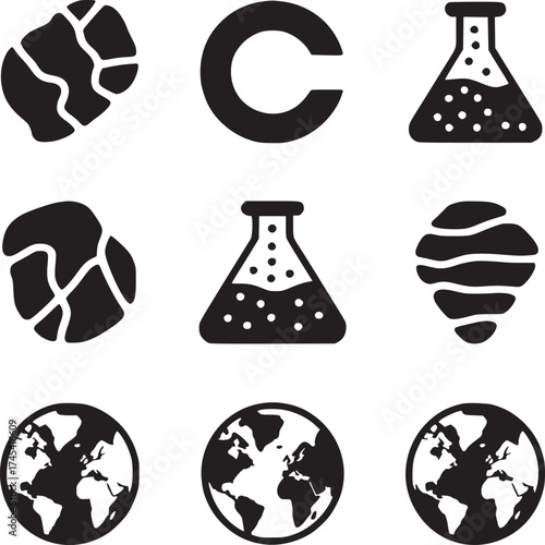 A black and white image showing rocks the letter c beakers and globes in a grid arrangement style
