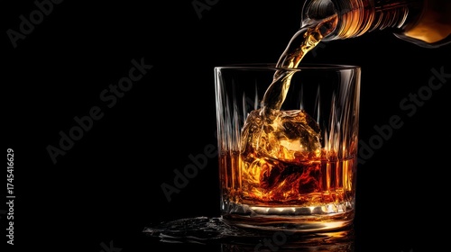 Whiskey pouring on black background with golden light
