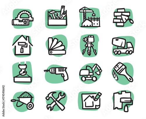 Construction. Set of hand-drawn conceptual illustrations. Cartoon style in vector.