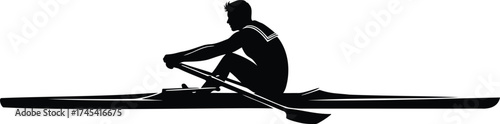 Rowing Single Scull Side Profile Silhouette Vector – Athlete in Racing Shell, Endurance Sport Graphic 