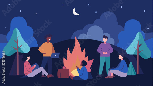 A diverse group of travelers around a campfire sharing stories with their backpacks leaning against a nearby tree under a starlit sky.