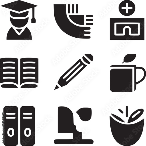 A collection of education and learning icons including graduation cap and open book in black and white