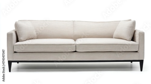 A beige two-seater sofa with sleek black legs stands elegantly in a modern living space, offering comfort and style.
