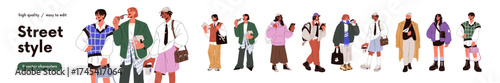 Fashion street-style outfits on young people set. Urban men and women wearing modern stylish apparel. Youth in trendy casual clothes, accessories. Flat vector illustration isolated on white background