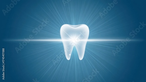 A translucent white tooth radiates glowing rays from its base against a dark backdrop,