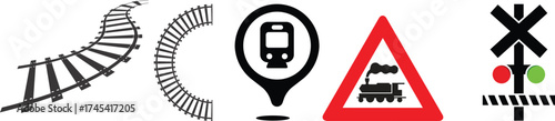 wagon and locomotive icon set.locomotive and wagon line icon collection. train, repair train and railway freight cars.container train icon sign vector. Black wagon and locomotive.
