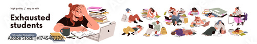 Tired exhausted students studying in stress set. Bored fatigue lazy male and female preparing for exam, sleeping in chaos among academic books. Flat vector illustrations isolated on white background.