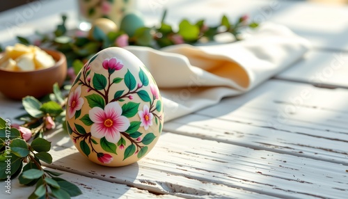An Easter scene with a beautifully decorated egg prominently placed on a wooden surface adorned with greenery.