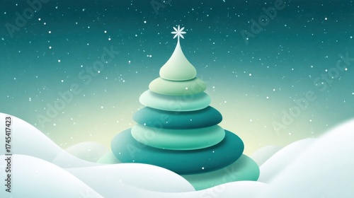 A stylized Christmas tree crafted from stacked stones stands prominently against a dark gradient night sky adorned with 