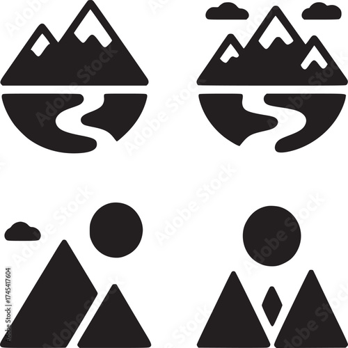 Four black and white mountain and landscape icons in a square format with simple geometric designs