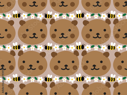 Cute , nice, smiling happy, adorable brown cartoon bear, chamomile flower and bee. Seamless vector pattern for design and decoration. 