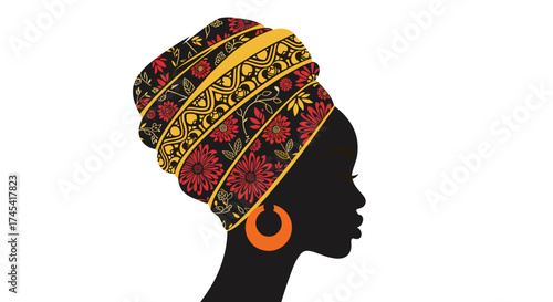 Portrait of a black woman wearing a vibrant and ornate headwrap and large hoop earrings in a profile view.