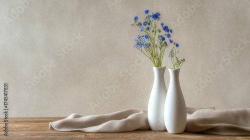 Two white ceramic vases with slender necks stand side by side on a wooden table,