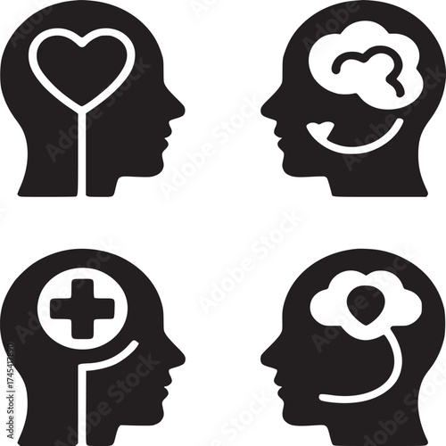 Four human head profiles with mental health concepts in black and white simple graphic illustration