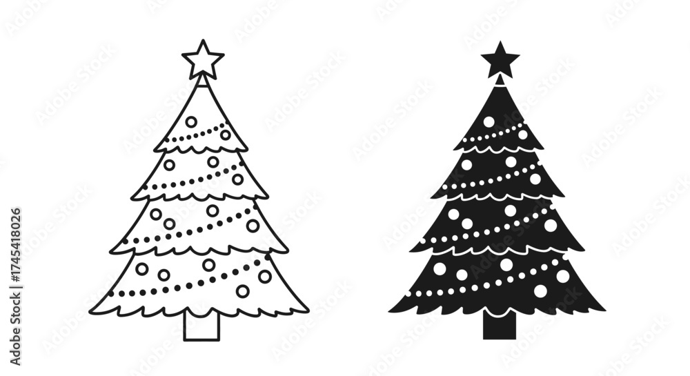 Obraz premium Two decorated Christmas trees one in outline and one in silhouette each with a star on top and garland lights adorning its branches.