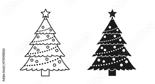Two decorated Christmas trees one in outline and one in silhouette each with a star on top and garland lights adorning its branches.