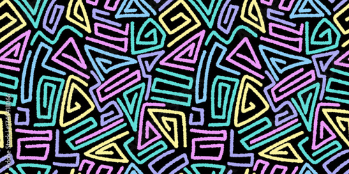 Abstract geometric seamless pattern with textured lines. Repeated ethnic motif on black. Great for textile, fabric, wallpaper, wrapping, scrapbook and packaging