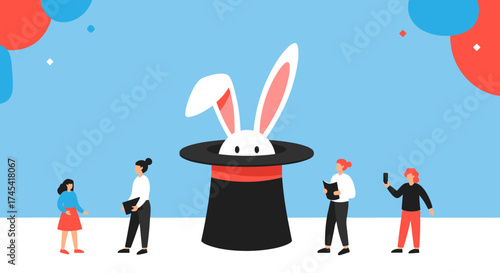 A playful rabbit emerges from a magicians hat creating a magical illusion for onlookers.