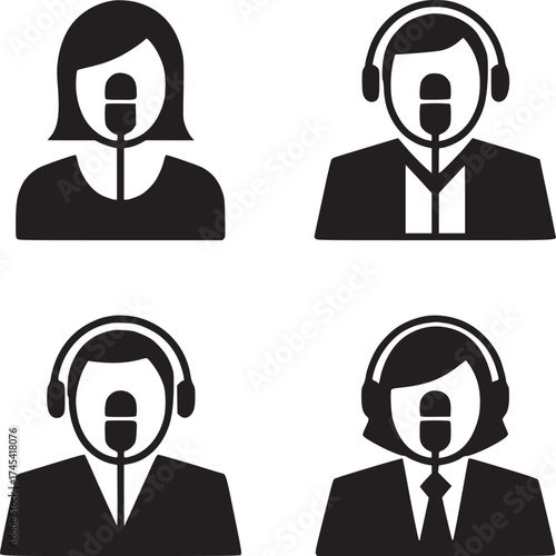 Four podcasting icons showcasing people with microphones and headphones in a black and white design