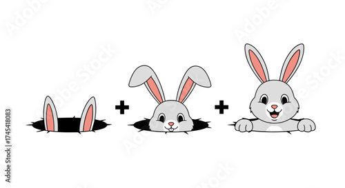 Three stages of a bunny emerging from a hole showing its ears face and full head.