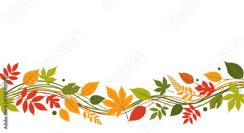 Autumnal foliage vines with swirling decorative elements and scattered leaves.