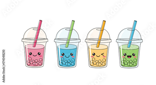 Four cute cartoon bubble tea drinks in different colors and flavors with happy faces.