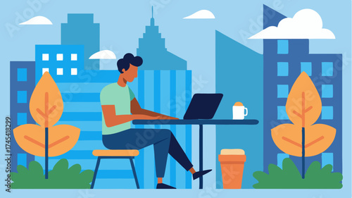A digital nomad working on a laptop at an outdoor café surrounded by urban hustle representing the blend of work and leisure in city life.